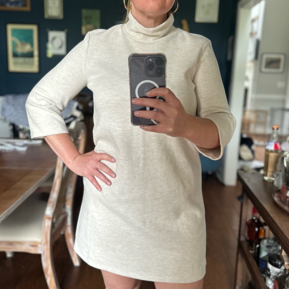 Zara Neutral Tan 3/4 Sleeve Turtleneck Sweater Dress - Large